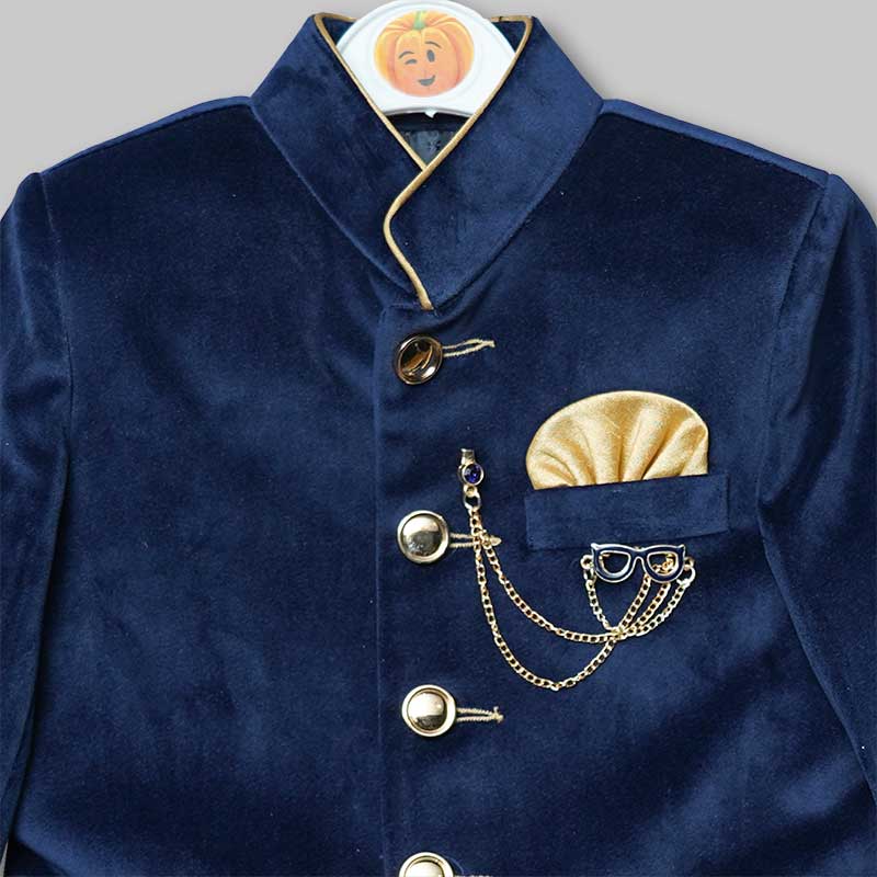 Navy Blue Velvet Jodhpuri Suit for Boys Close Up View