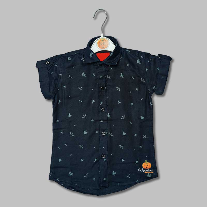 Solid Nave Blue Leaf Print Shirts for Boys Variant Front View