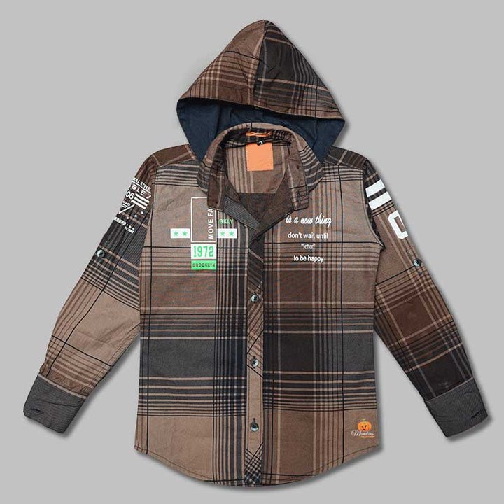 Solid Brown Lining Shirts for Boys with Hoodie Pattern Variant Front View