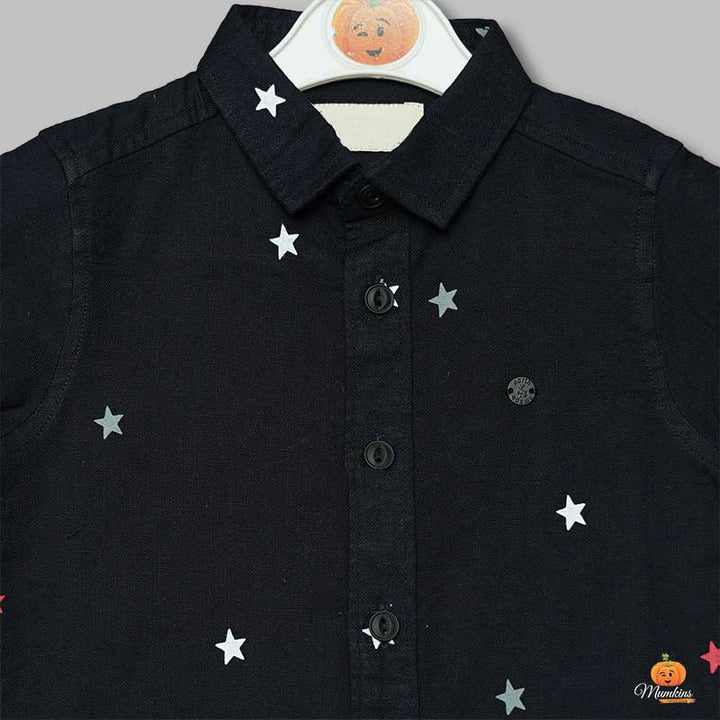 Black Star Print Shirts for Boys Close Up View 