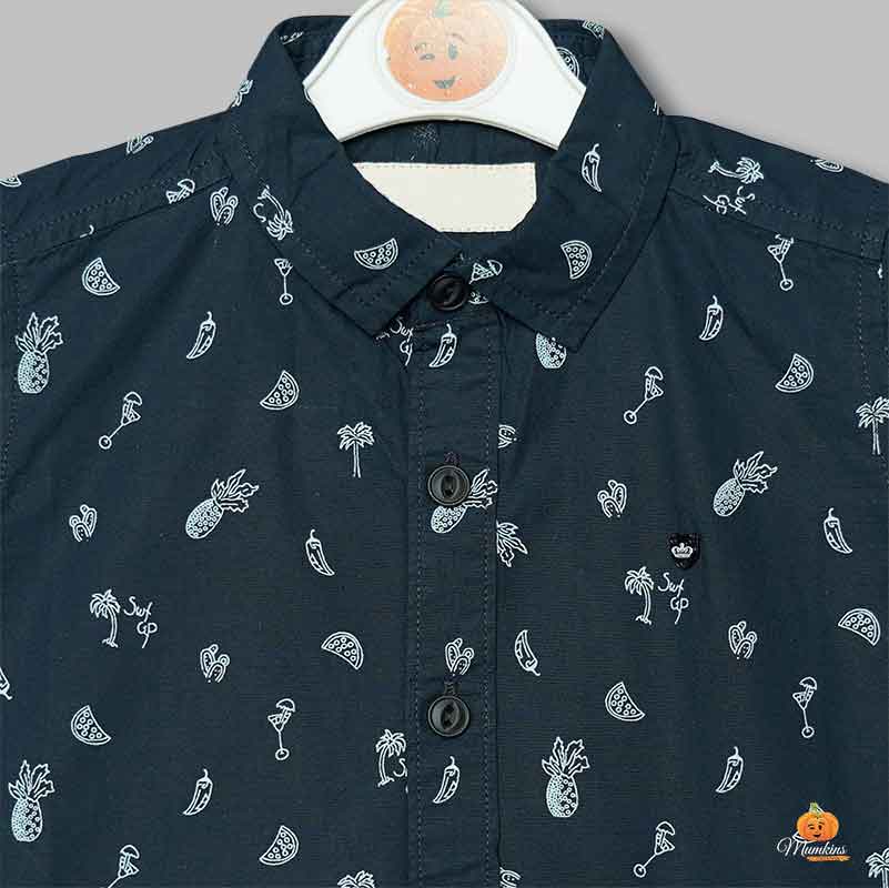 Navy Blue Printed Half Sleeves Boys Shirt Close Up