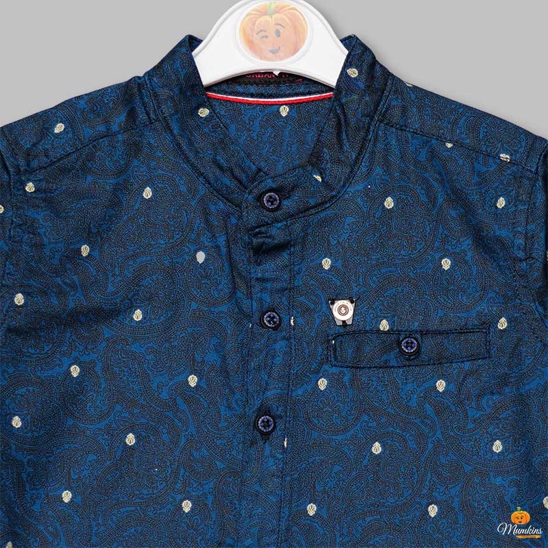 Blue Printed Full Sleeves Shirts for Boys Close Up View