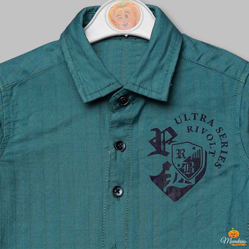Green Calligraphy Print Full Sleeves Shirts for Boys Close Up View