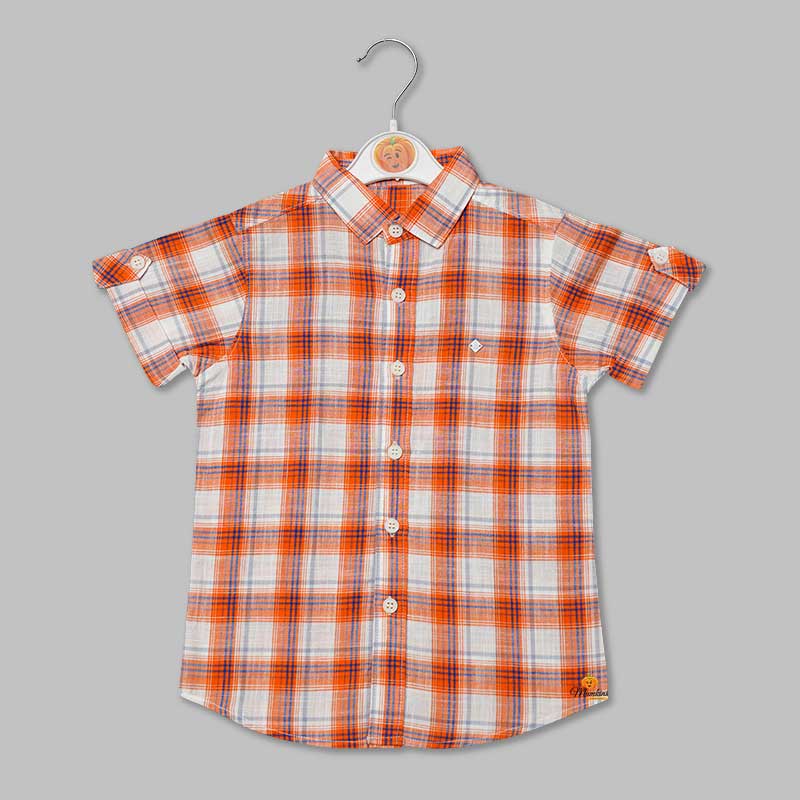 Orange Checked Half Sleeve Shirt for Boys Front View