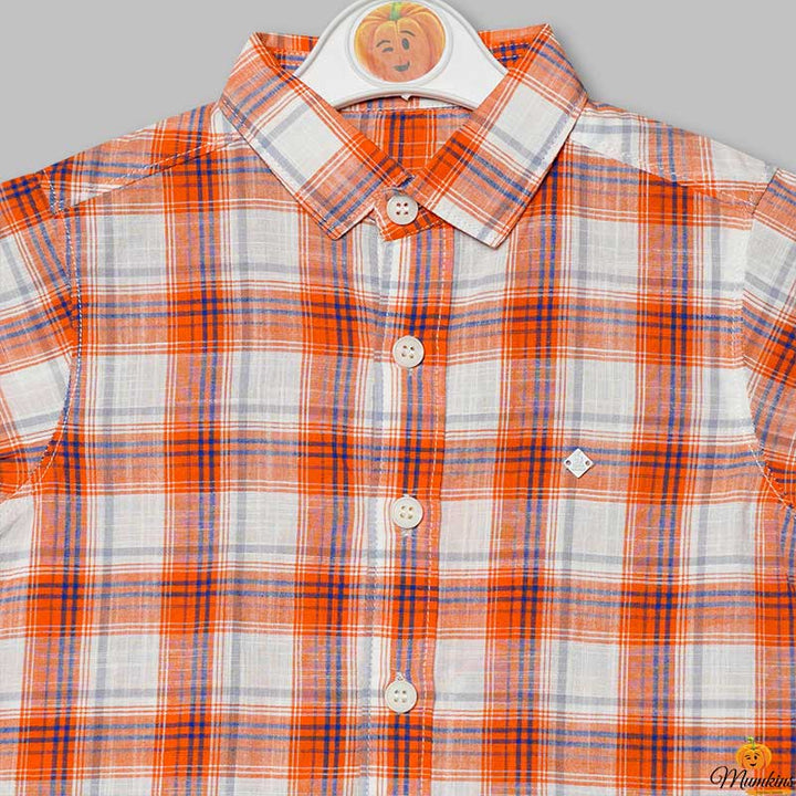 Orange Checked Half Sleeve Shirt for Boys Close Up View
