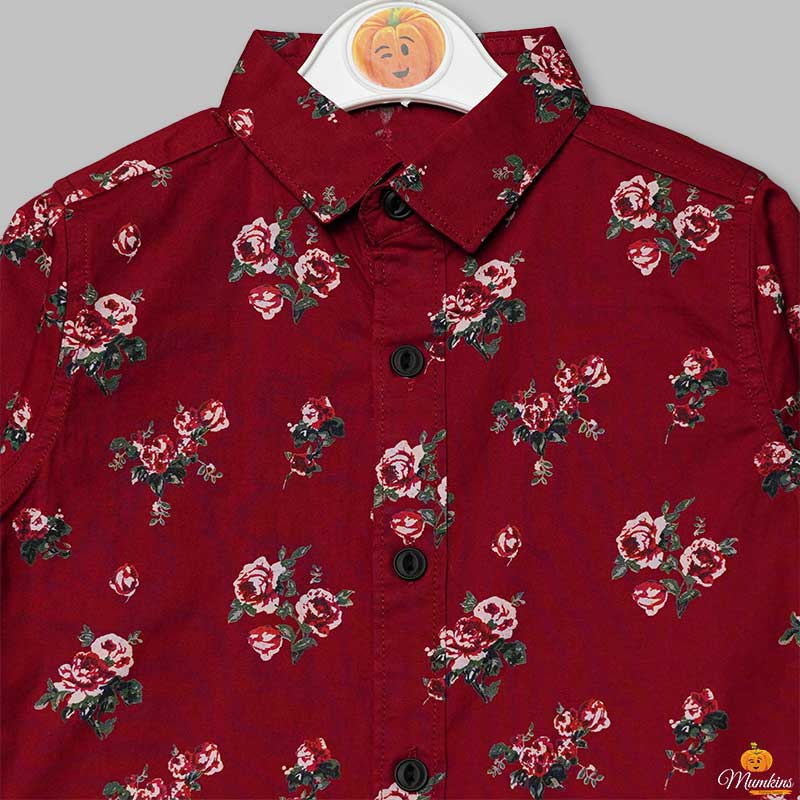 Maroon Flowery Print Shirts for Boys Close Up View