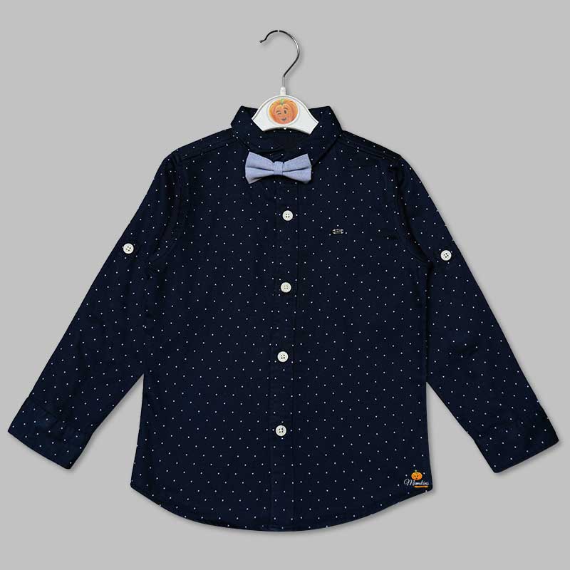 Navy Blue Printed Boys Shirt with Bow Tie Front 