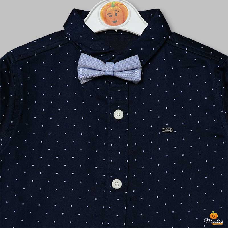 Navy Blue Printed Boys Shirt with Bow Tie Close Up 