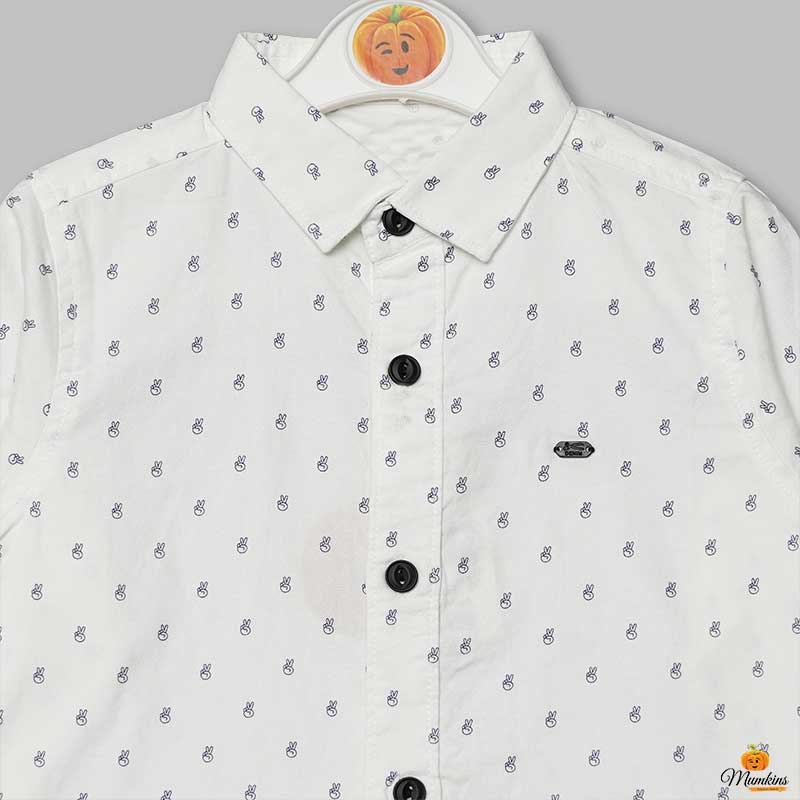White Printed Full Sleeves Shirts for Boys Close Up View
