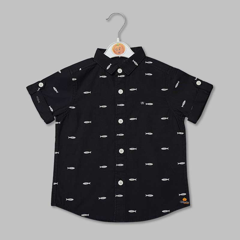 Black Printed Half Sleeves Shirt for Boys Front View