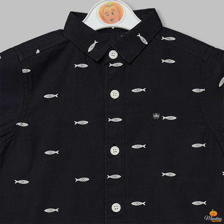 Black Printed Half Sleeves Shirt for Boys Close Up View