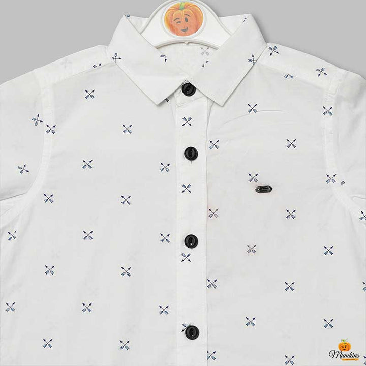 White Printed Half Sleeves Shirt for Boys Close Up View