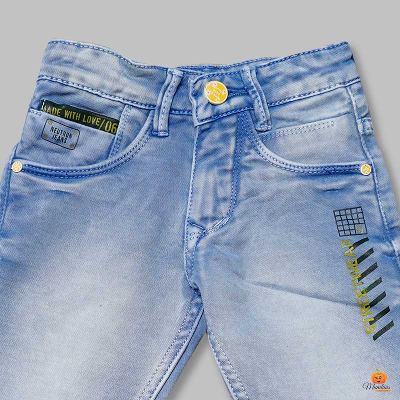 Blue & Grey Fix Waist Jeans for Boys Close Up 