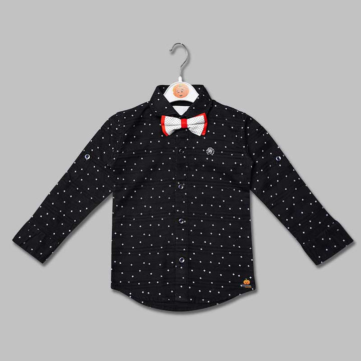 Black Printed Shirt for Boys with Elegant Bow Front View