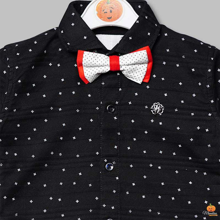Black Printed Shirt for Boys with Elegant Bow Close Up View