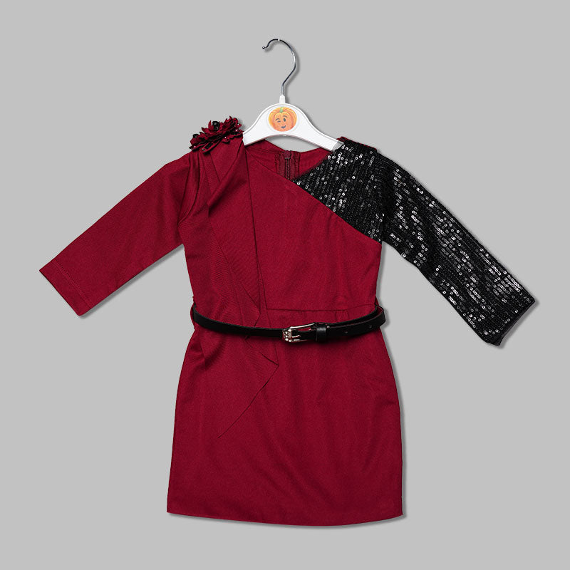 Red Solid Full Sleeves Girls Midi With Elegant Sequin Variant Front View