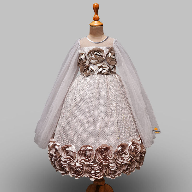 Grey Floral Gown for Girls Front View