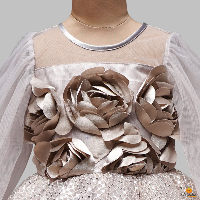 Grey Floral Gown for Girls Close Up View