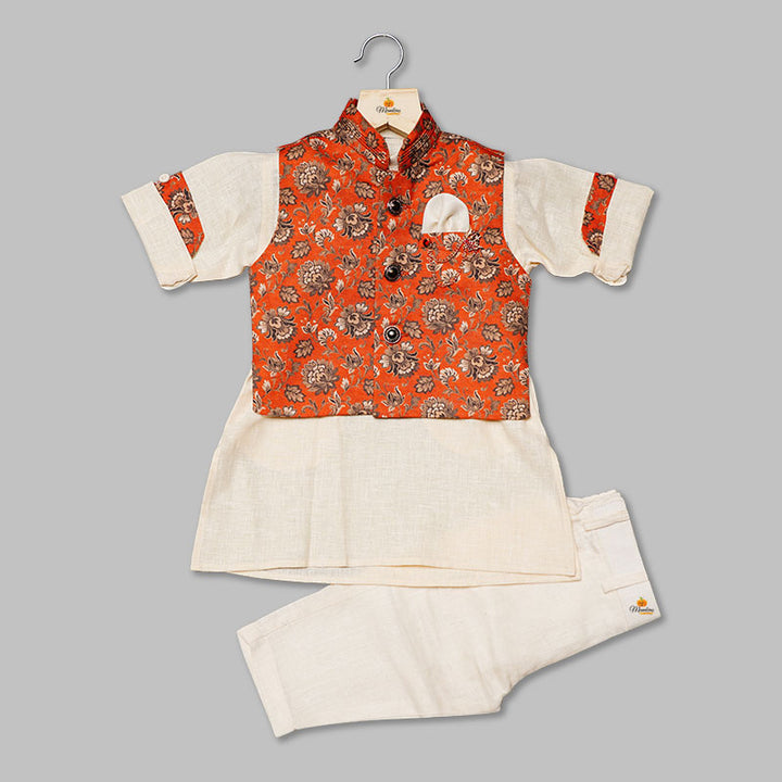 Kids Kurta Pajama with Orange Nehru Jacket