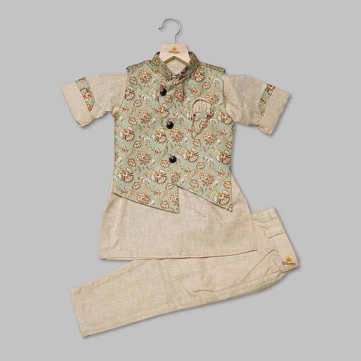 Kurta Pajama for Kids with Jaipuri Print Nehru Jacket Front View