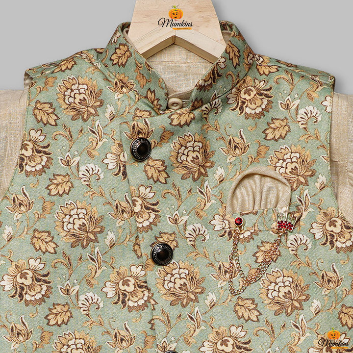 Kurta Pajama for Kids with Jaipuri Print Nehru Jacket Close Up View
