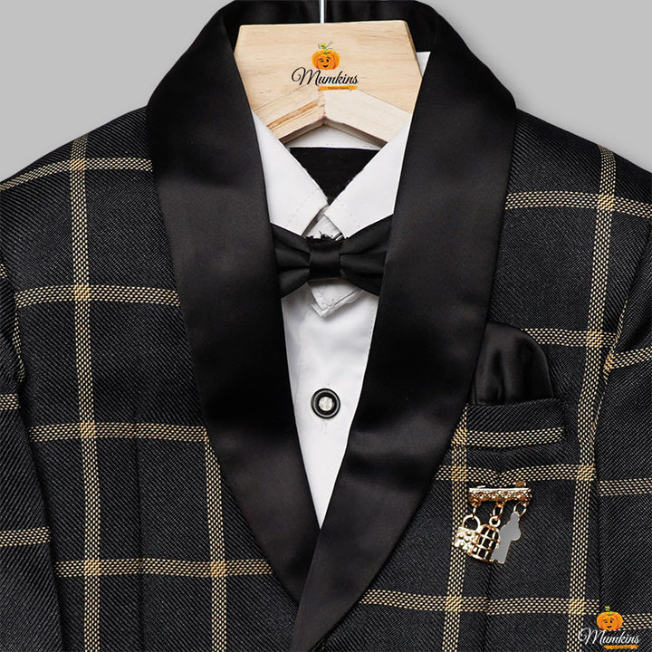 Black & Navy Blue Checks Tuxedo for Boys Close Up View