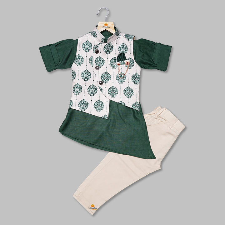 Solid Green Boys Kurta Pajama with Jacket Variant Front View