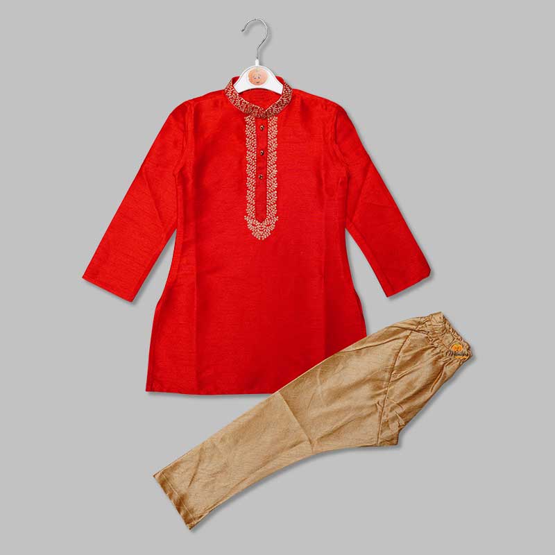 Red Solid Boys Party Wear Kurta Pajama Variant Front View