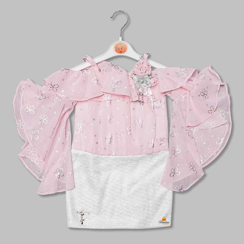 Off-Shoulder Pink Girls Midi with Bell Sleeves Front View