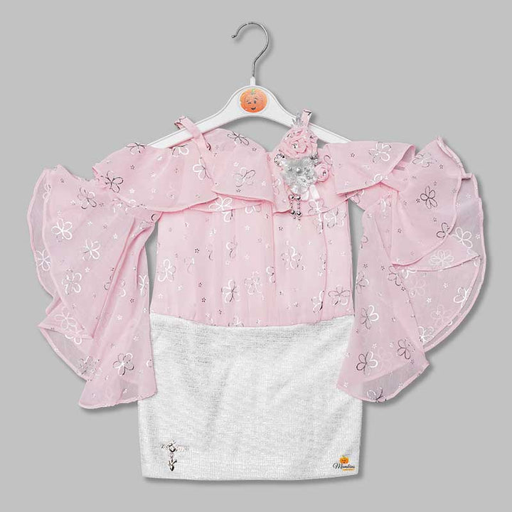 Off-Shoulder Pink Girls Midi with Bell Sleeves Front View