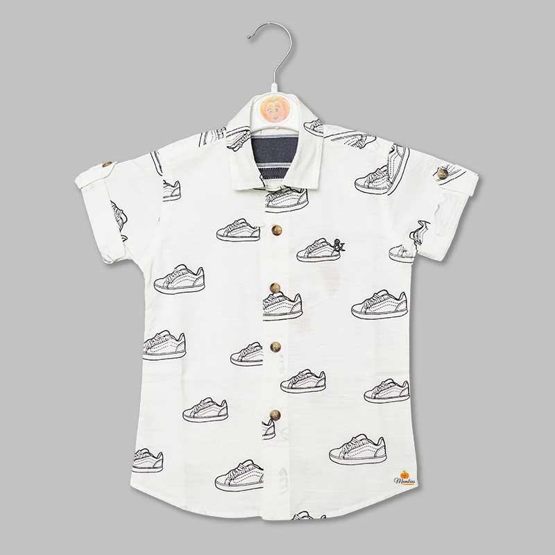White with Shoe Print Shirt for Boys Front View