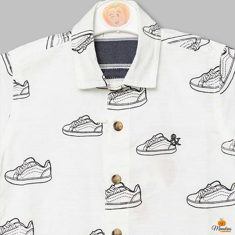 White with Shoe Print Shirt for Boys Close Up View