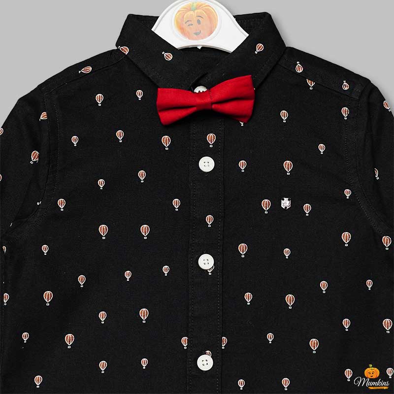 Black Dotted Shirt for Boys with Red Bow Close Up View