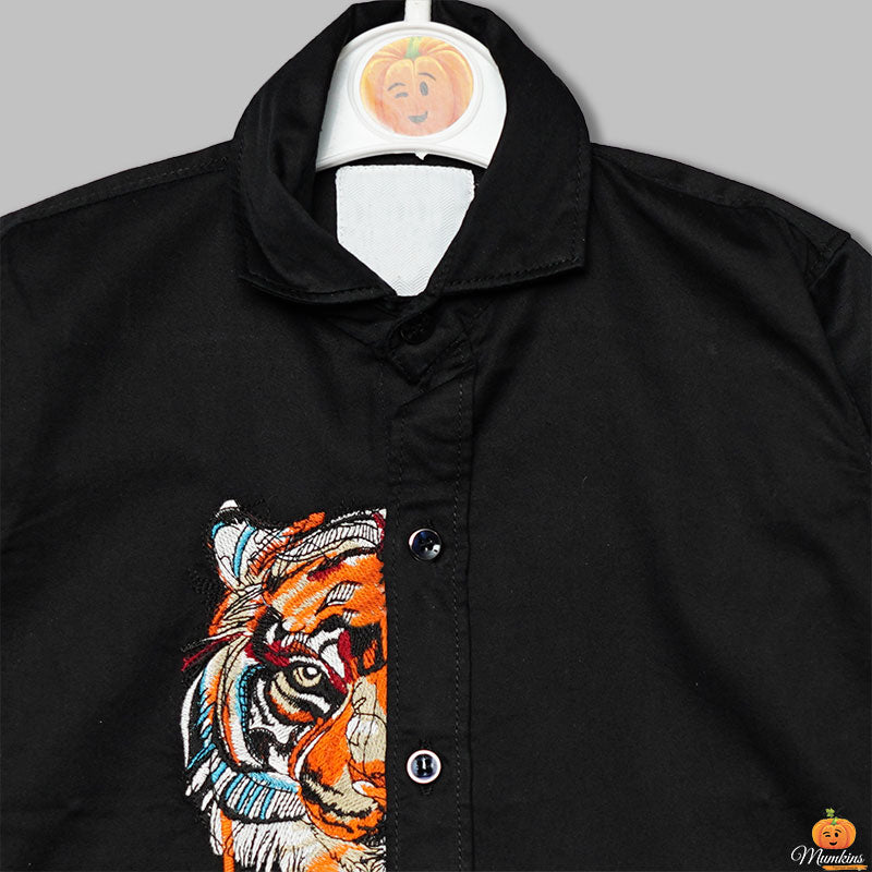 Black & White Tiger Print Shirt for Boys Close Up View