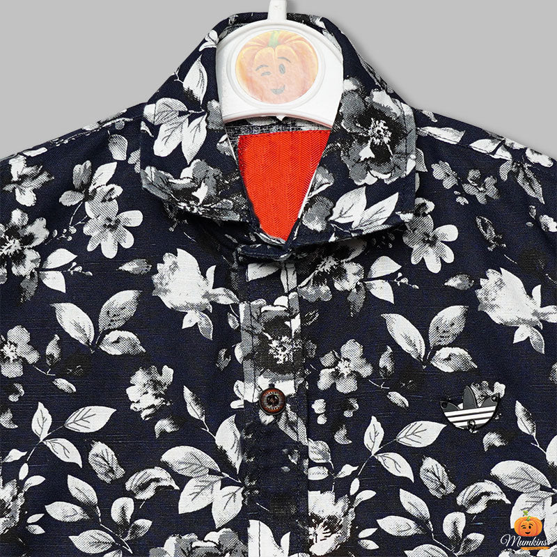 Solid Flower Print Shirt for Boys Close Up View