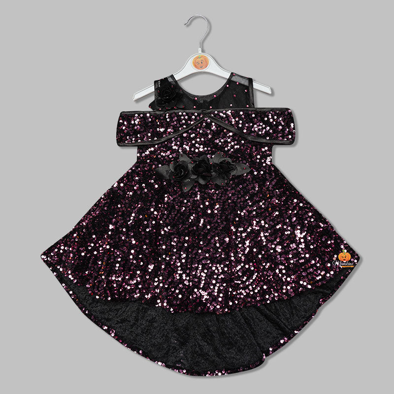 Off-Shoulder Frock for Kids with Elegant Sequins Front View