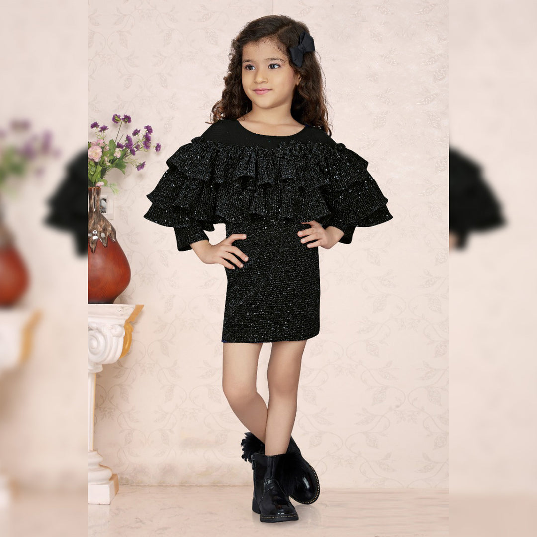 Solid Ruffled Shimmer Full Sleeves Girls Midi Front View