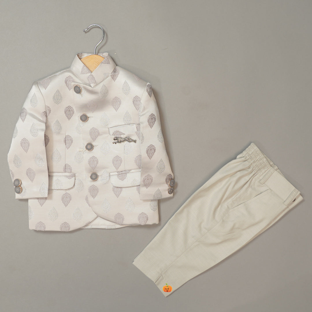 Cream & Grey Printed Jodhpuri Suit For Boys Front View