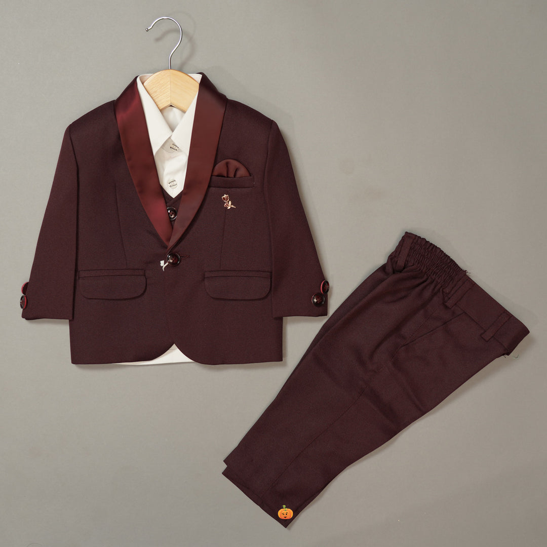 Wine Party Wear Boys Tuxedo with Waistcoat Front View