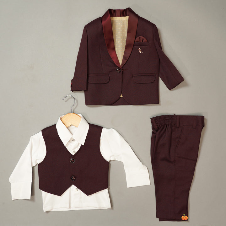 Wine Party Wear Boys Tuxedo with Waistcoat Full View
