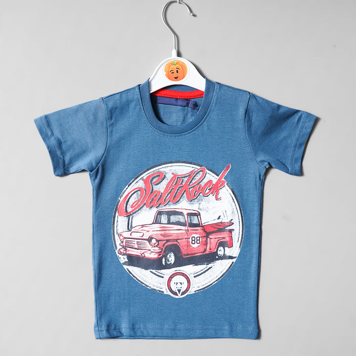 Blue Printed Trendy Style T-Shirt for Boys Front View
