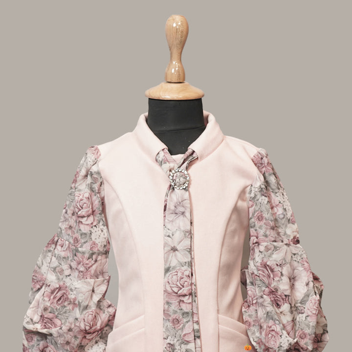 Pink Full Sleeves Floral Girls Midi Close Up View