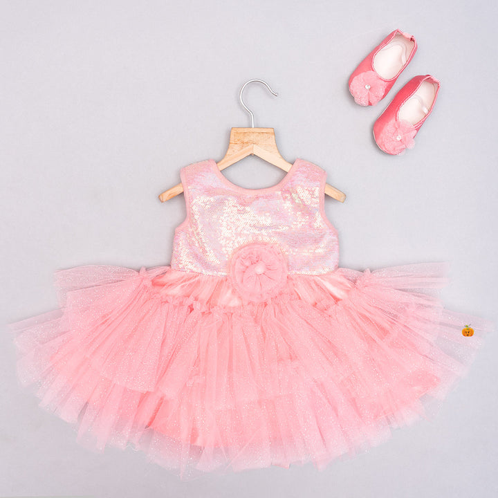 Sky Blue & Peach Sequin Baby Frock Front View