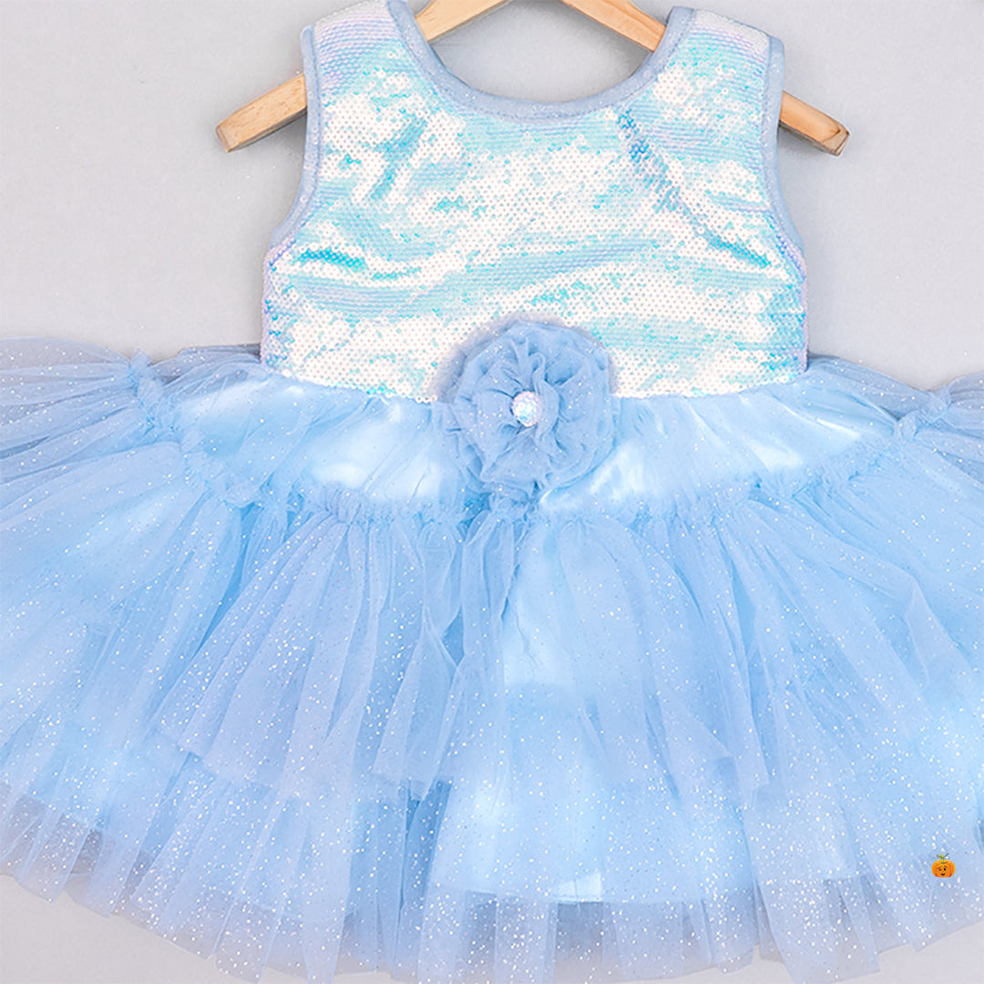 Sky Blue & Peach Sequin Baby Frock Close Up View