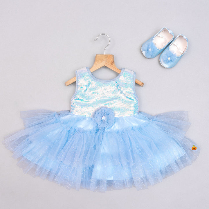 Sky Blue & Peach Sequin Baby Frock Front View