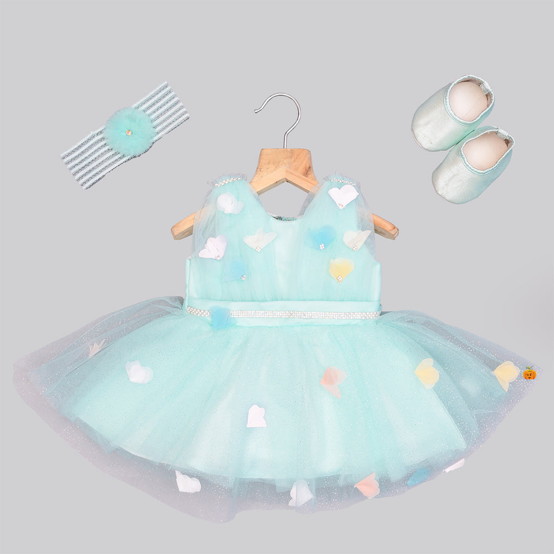 Sea Green Baby Frock with Shoes Front View