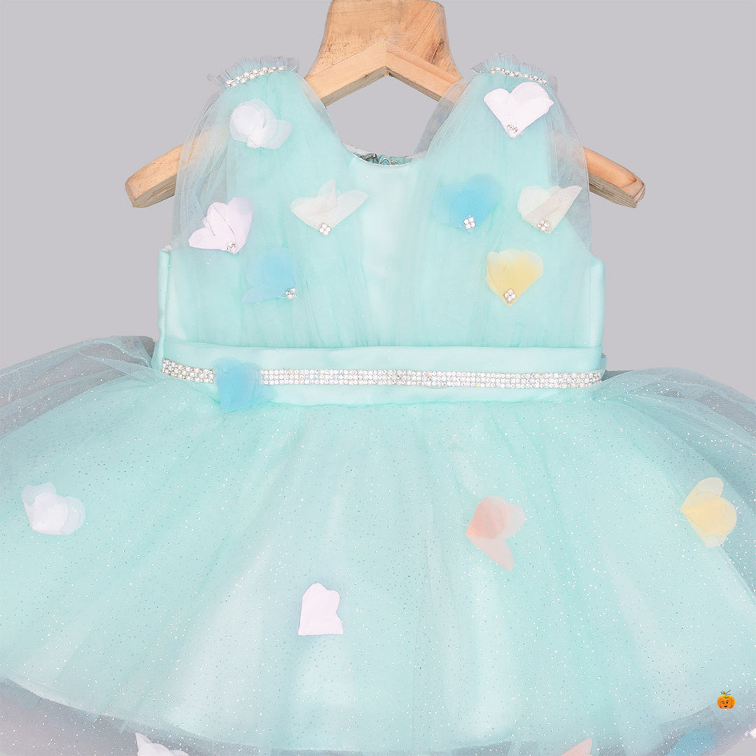 Sea Green Baby Frock with Shoes Close Up View