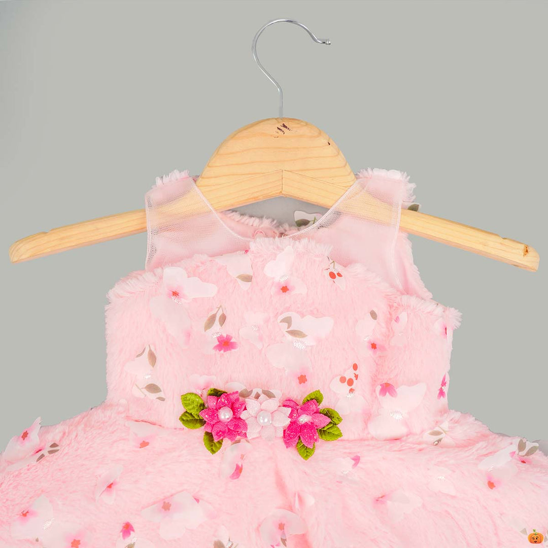 Floral Furry New Pink Born Baby Frock Close Up View