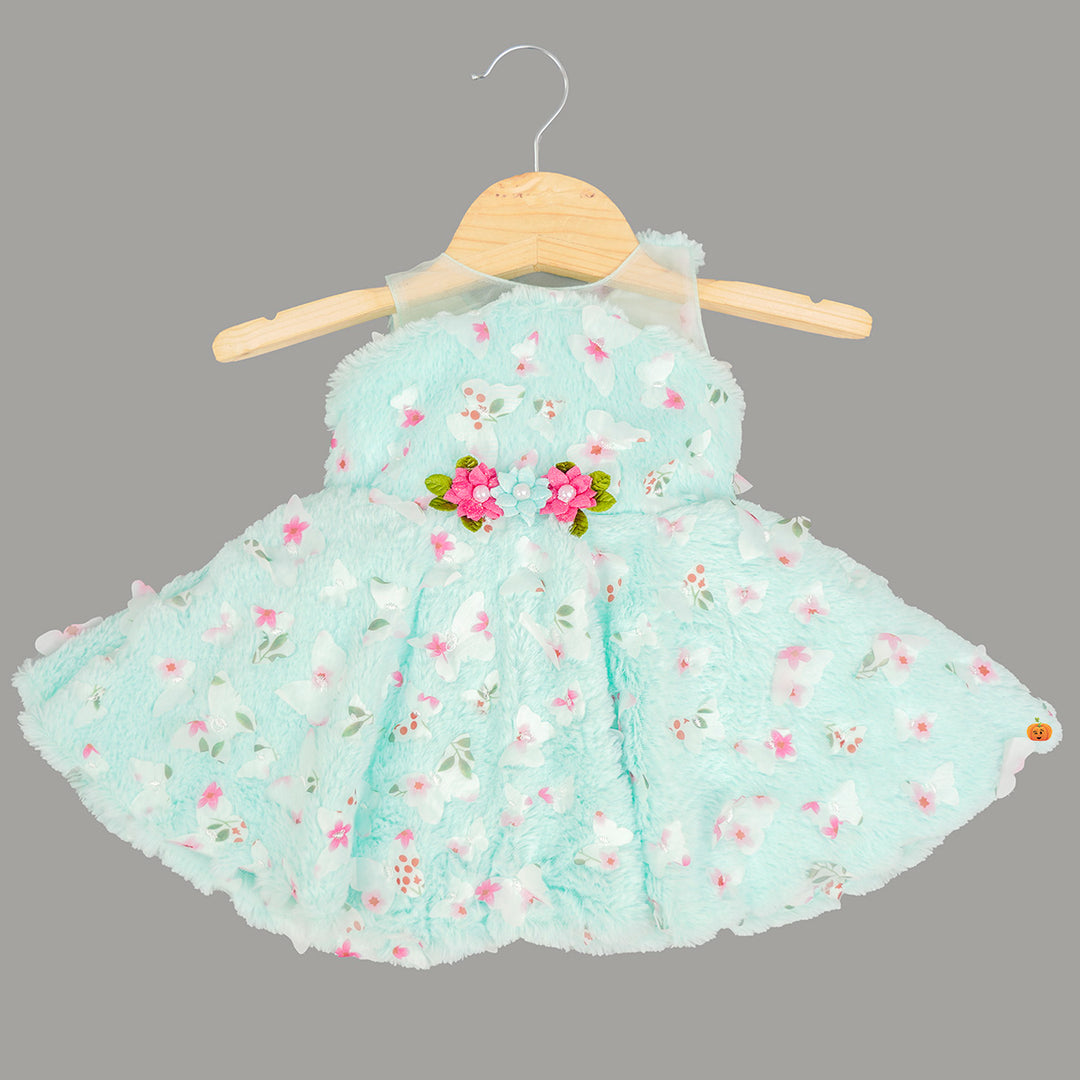 Floral Furry Blue New Born Baby Frock Front View