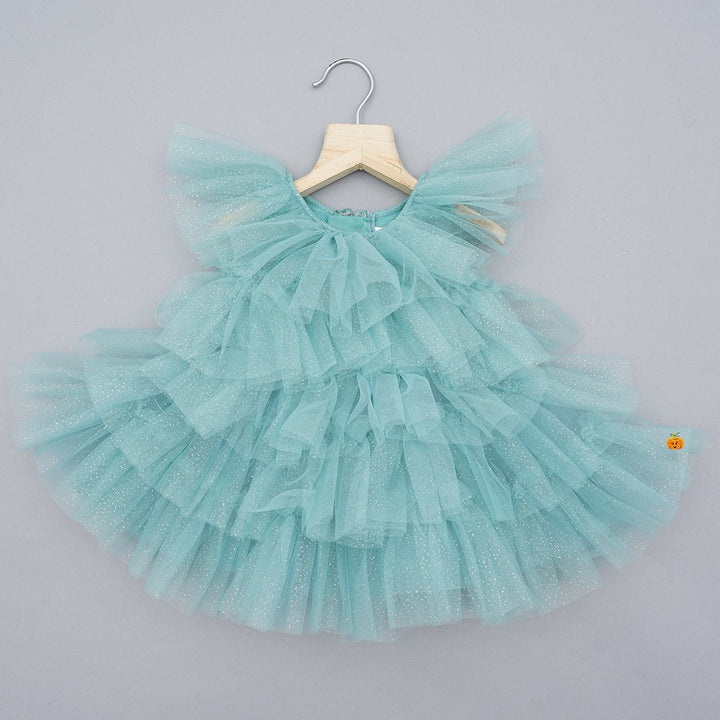 Onion & Green Frill Layers Kids Frock Front View